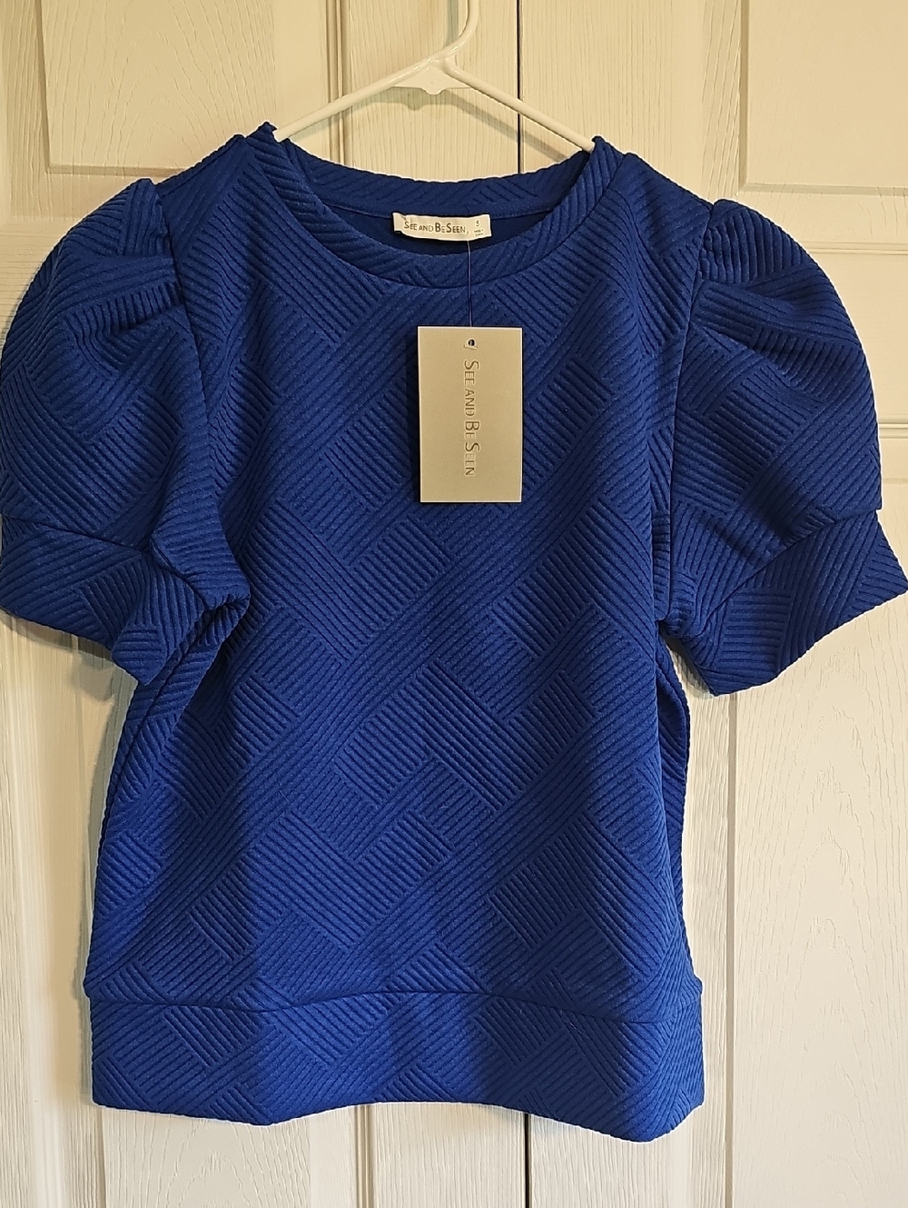 NWT See And Be Seen Textured Royal Blue Puff Sleeve Top